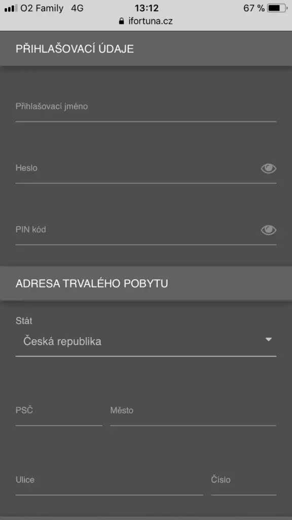 Fortuna mobilní aplikace - přihlašovací údaje