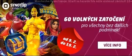 Získat 60 volných zatočení v Synottipu! Synottip 60 free spin zdarma