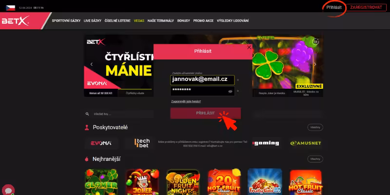 BetX přihlášení z počítače