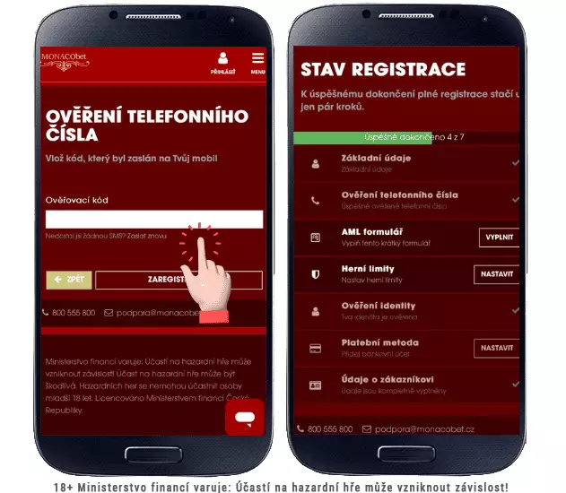 Monacobet ověření telefonního čísla a stav registrace