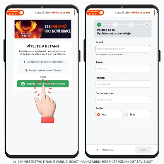 Betano registrace - vyplnění registračního formuláře