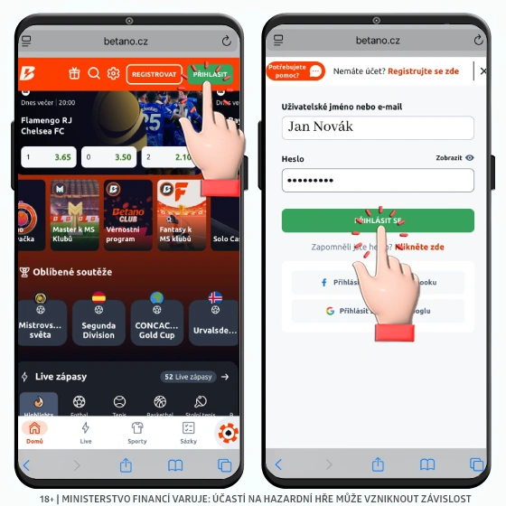 Přihlášení do Betana z mobilu