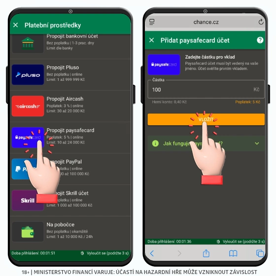 Paysafe card platební prostředek v Chance