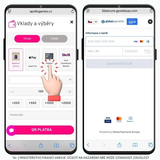 Vklad do Apollo Games přes platební kartu Apollo Games - platební karta vklad