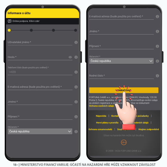 Fortuna registrační formulář