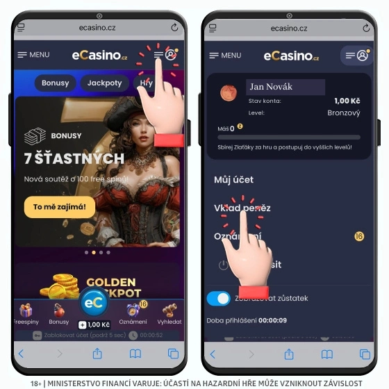 Vklad peněz e-casino menu
