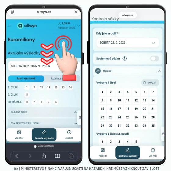 Kontrola výsledku Euromilionů Allwyn