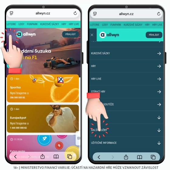 Sazka Hry aplikace ZDE Allwyn menu - Sazka Hry aplikace