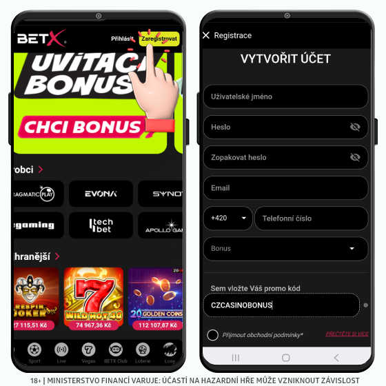 BETX casino registrace v mobilu